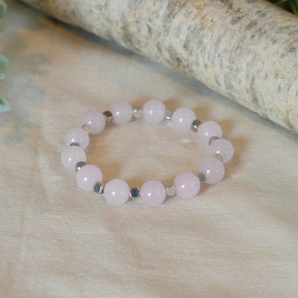 rose quartz and silver beaded bracelet